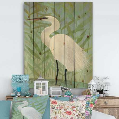 heron by the Shore II - Modern Farmhouse Print on Natural Pine Wood