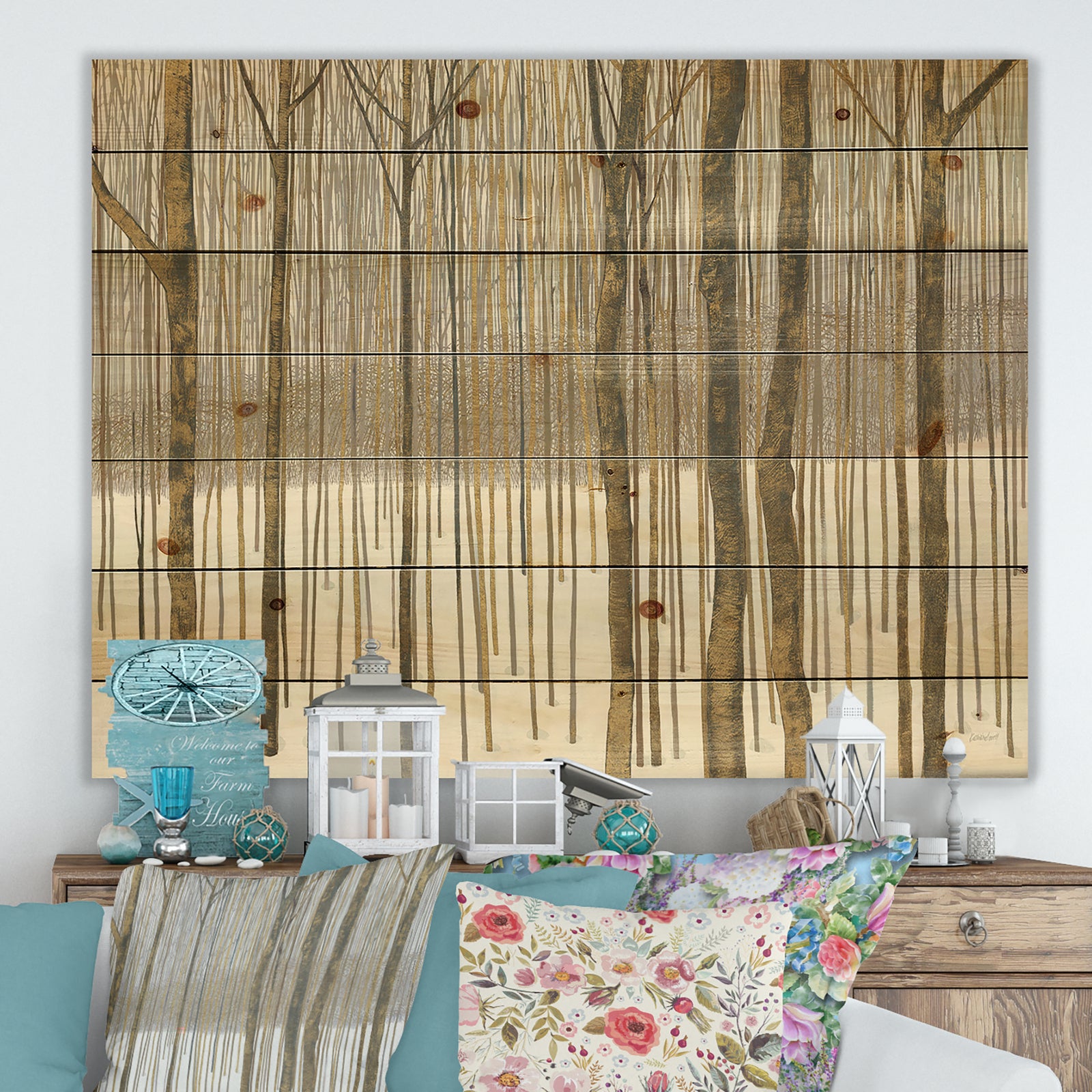 Porch & Den Forest in Winter Gold - Print on Natural Pine Wood