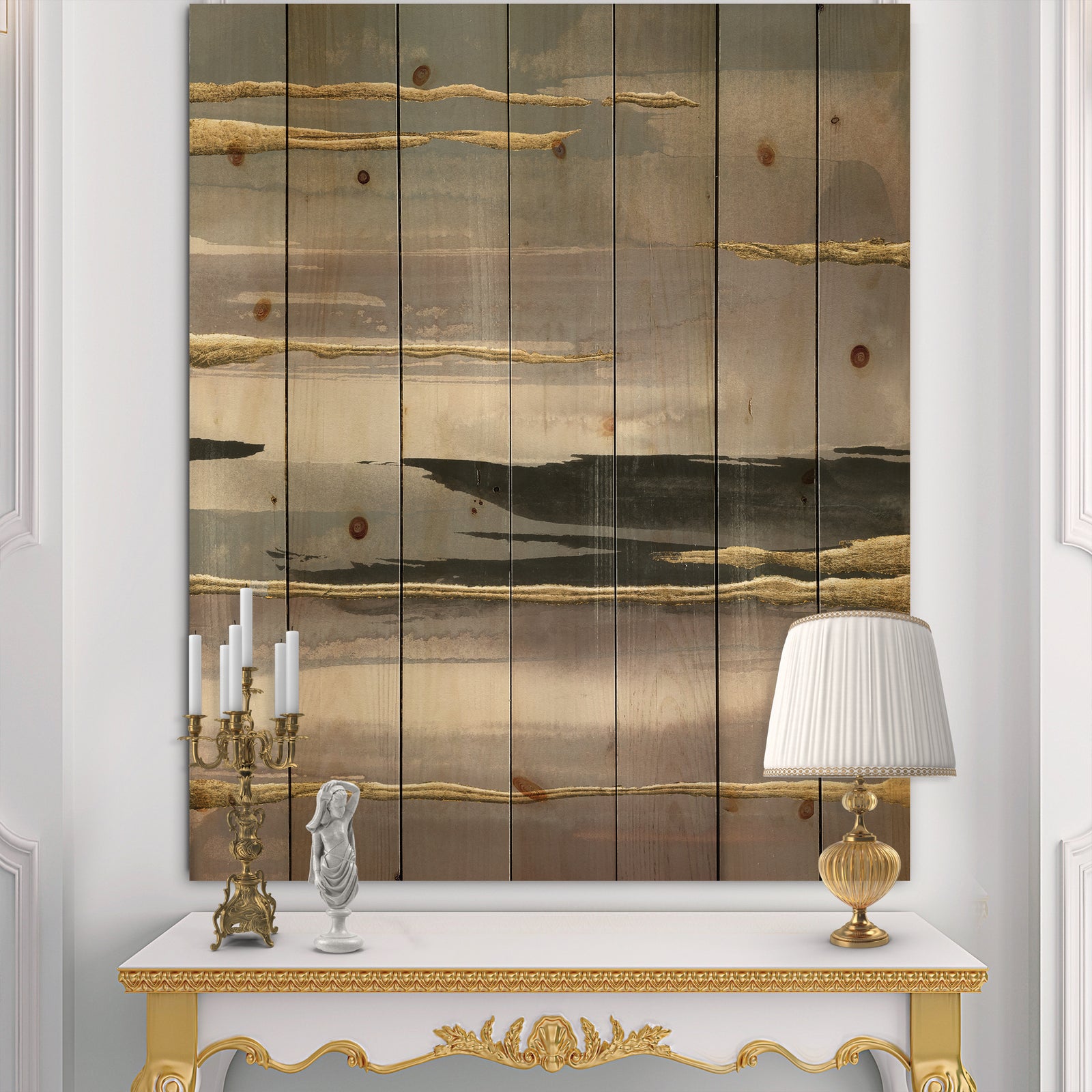 Glamorous Morning Fog II - Modern Glam Print on Natural Pine Wood