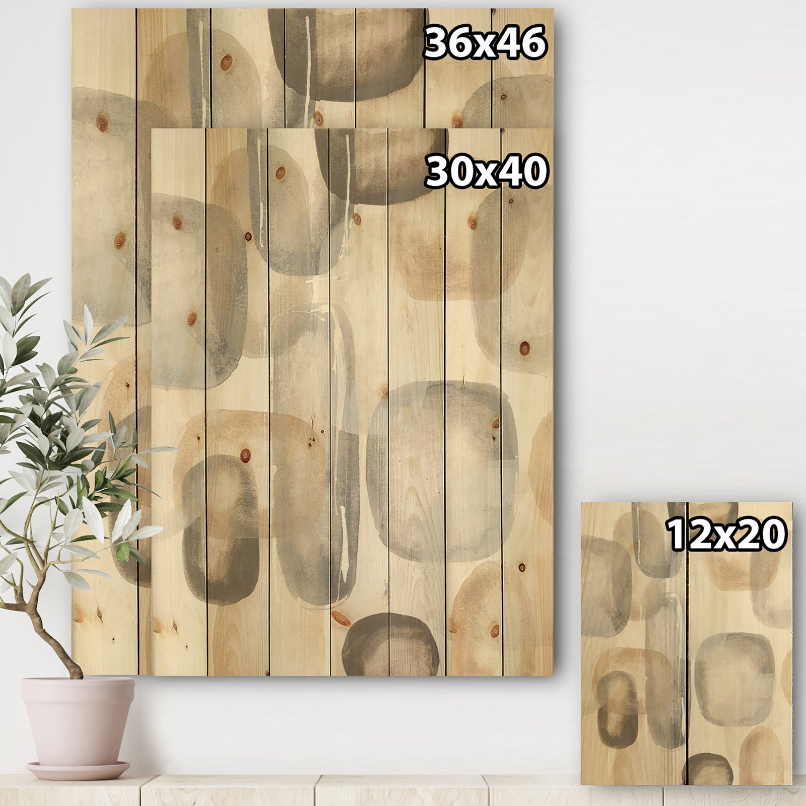 Neutral Oval Grey Stones I - Modern Glam Print on Natural Pine Wood