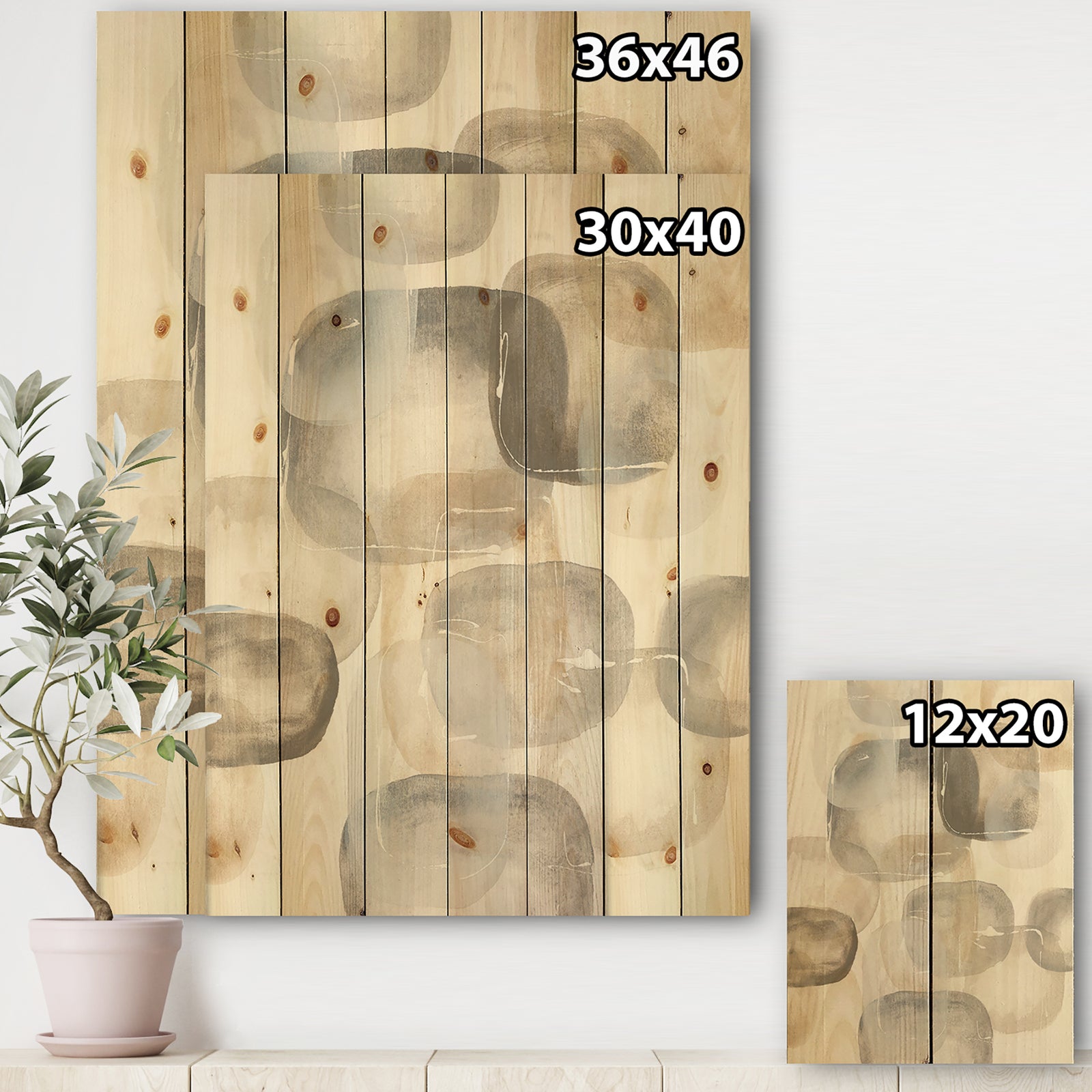 Neutral Oval Grey Stones II - Modern Glam Print on Natural Pine Wood