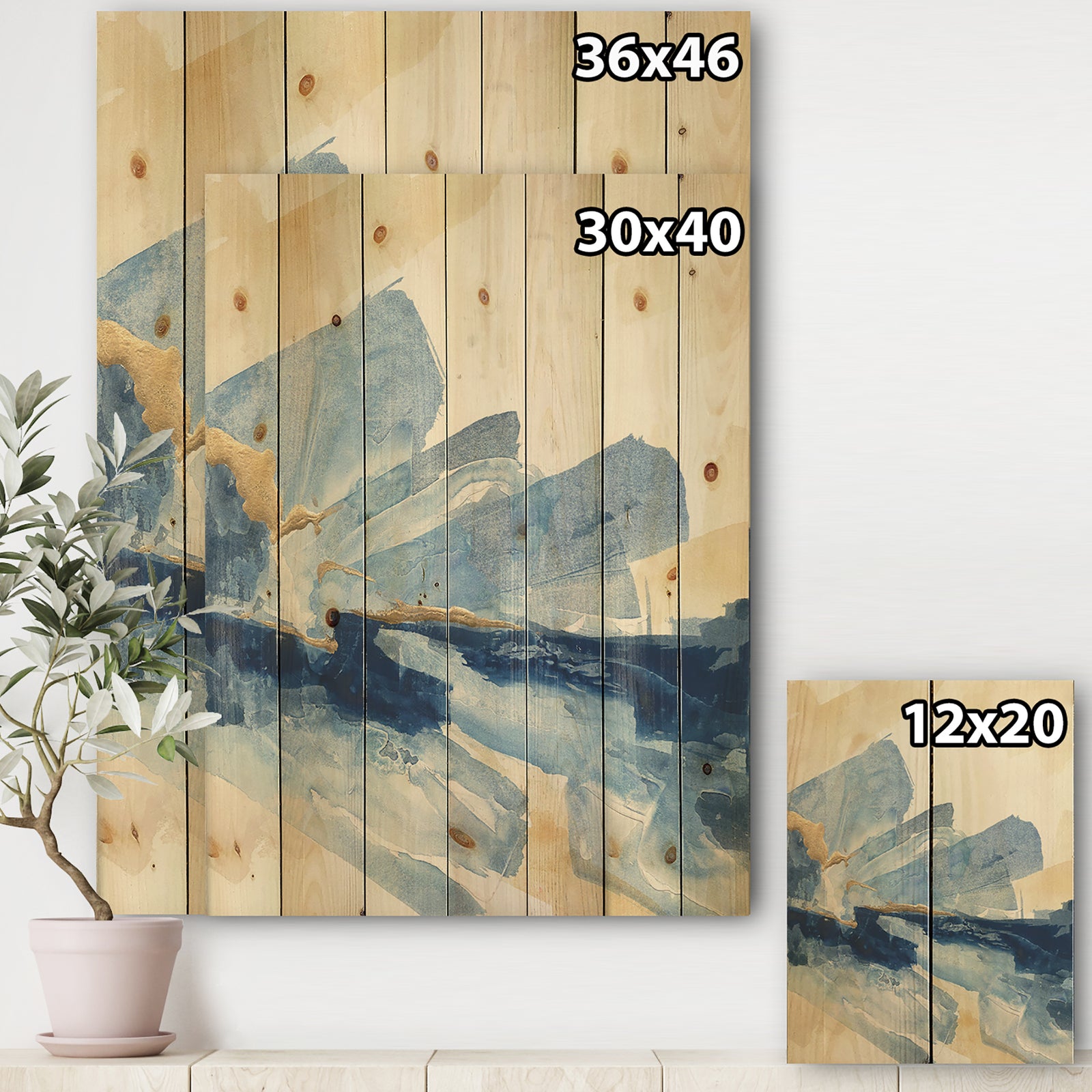 Metallic Gold Indigo I - Modern Glam Print on Natural Pine Wood