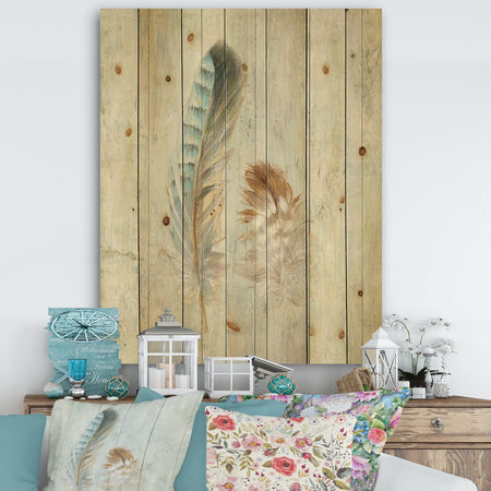 Natural Feathers on Wood I - Farmhouse Print on Natural Pine Wood