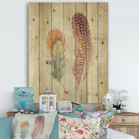 Natural Feathers on Wood II - Farmhouse Print on Natural Pine Wood