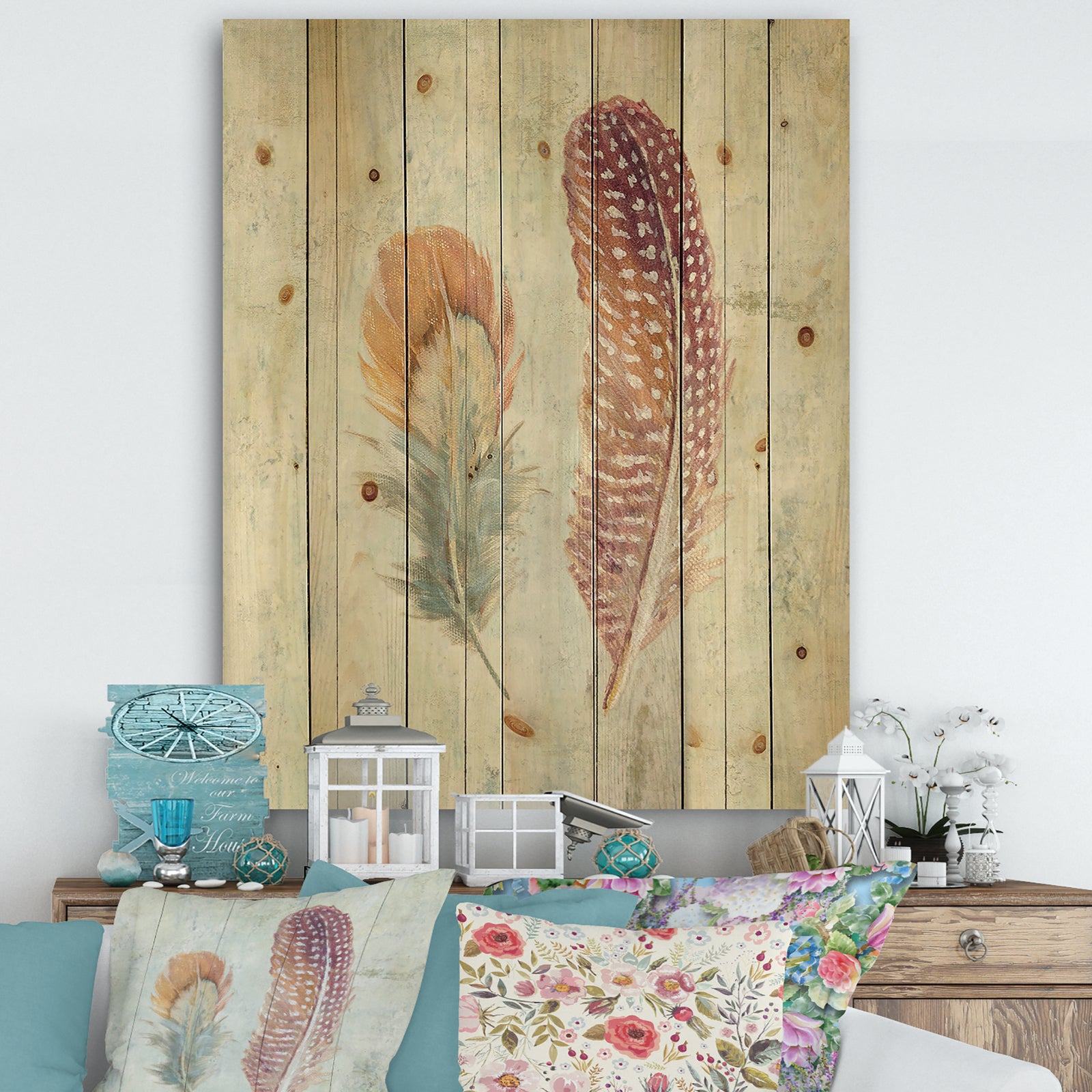 Natural Feathers on Wood II - Farmhouse Print on Natural Pine Wood