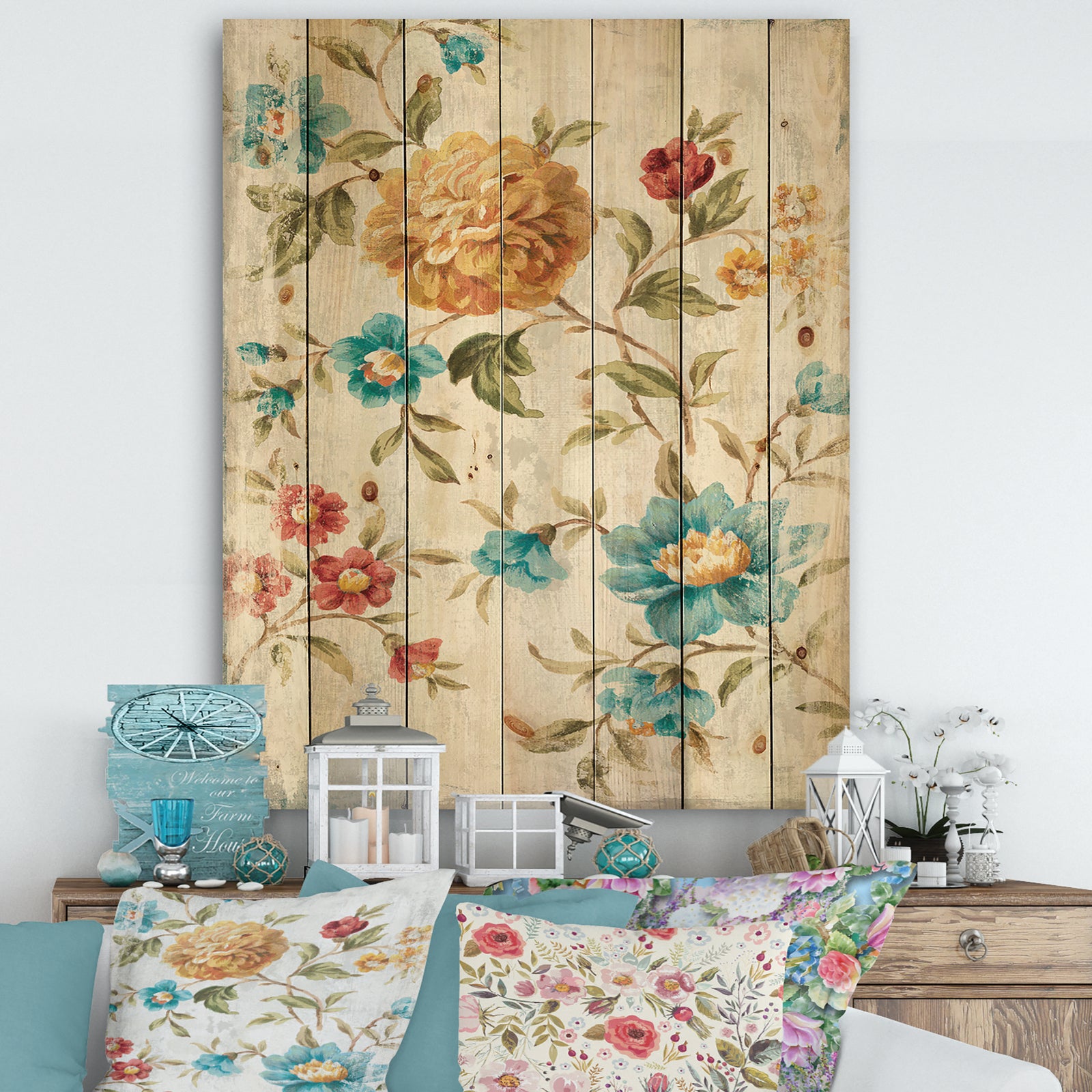 Golden Flowers - Cabin & Lodge Print on Natural Pine Wood
