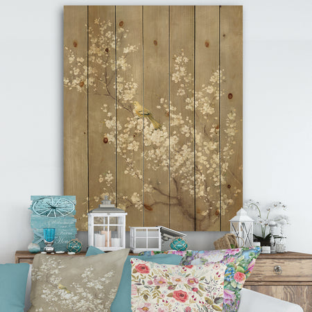White Cherry Blossom III - Farmhouse Print on Natural Pine Wood