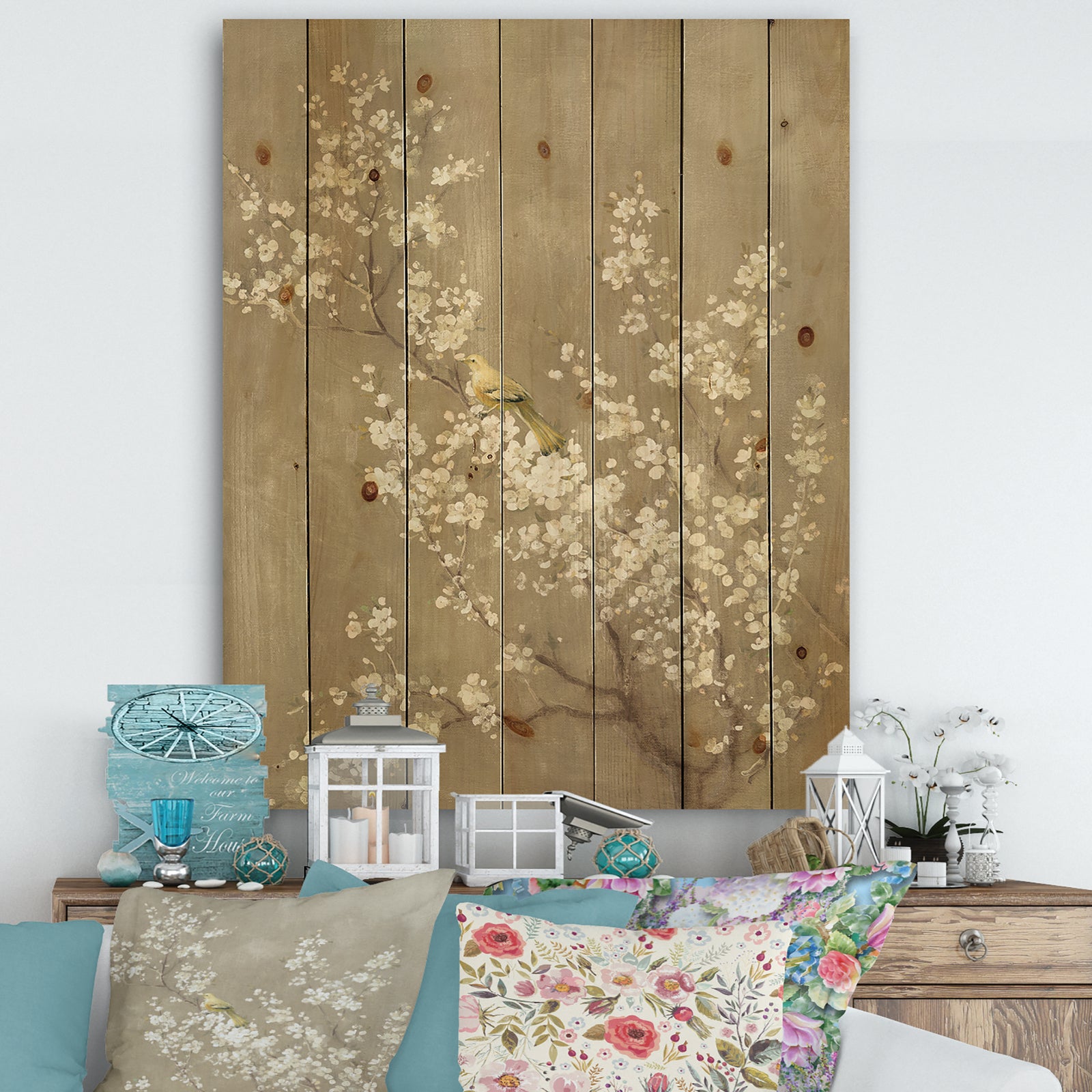 White Cherry Blossom III - Farmhouse Print on Natural Pine Wood