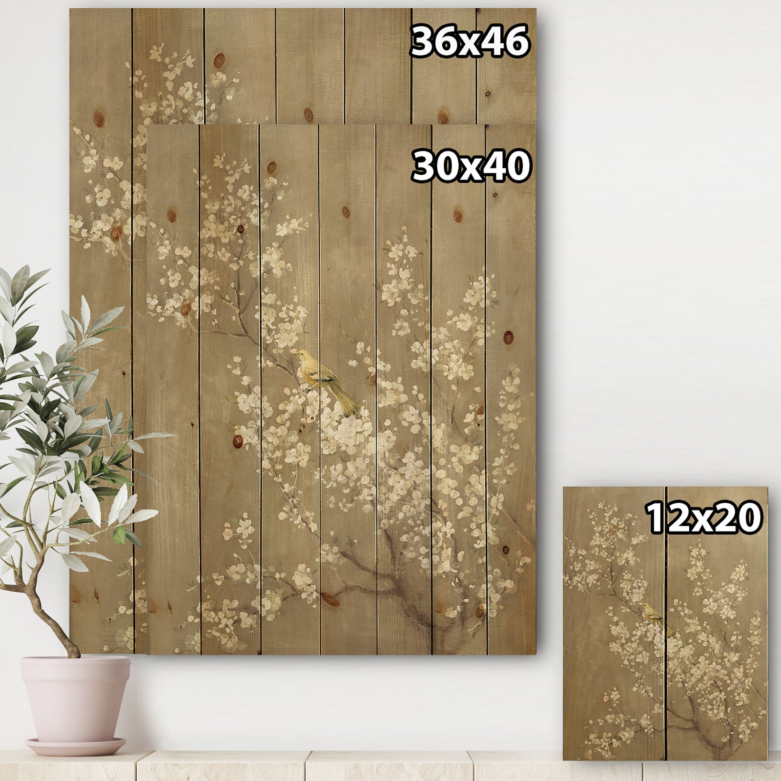 White Cherry Blossom III - Farmhouse Print on Natural Pine Wood