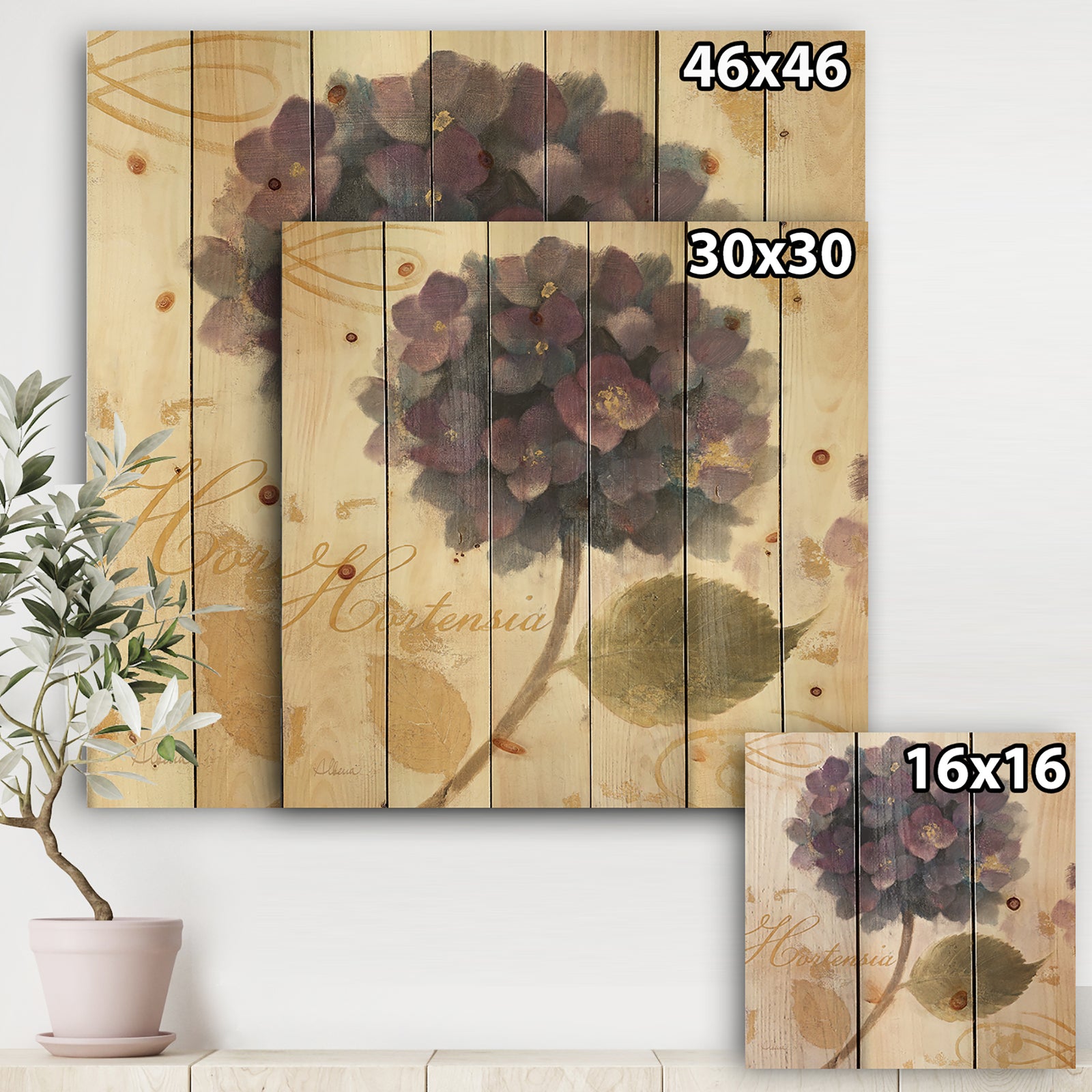 Abundant Hydrangea Flower I - Floral Cottage Print on Natural Pine Wood