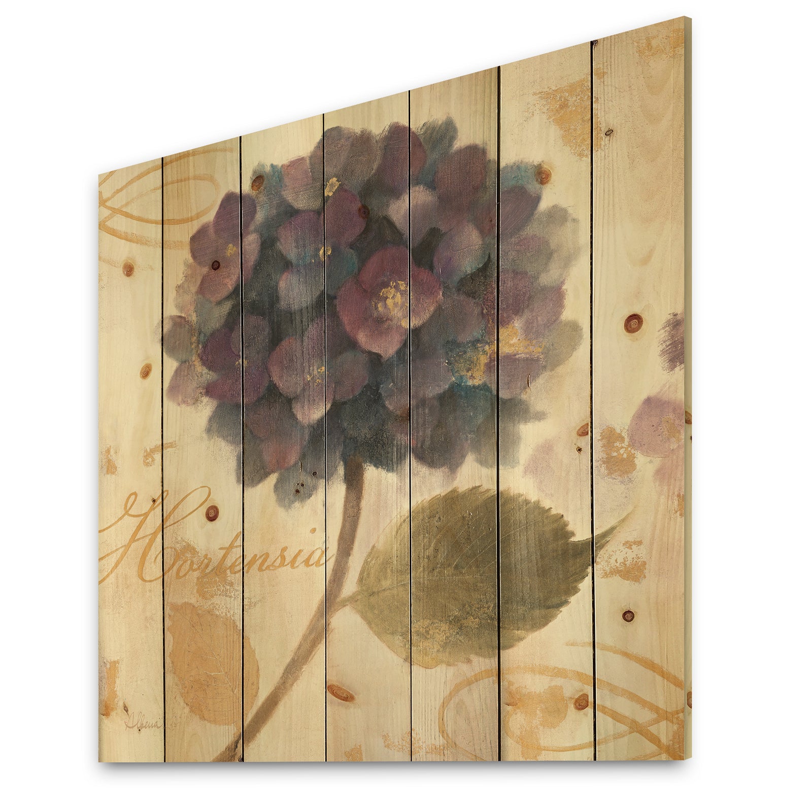 Abundant Hydrangea Flower I - Floral Cottage Print on Natural Pine Wood