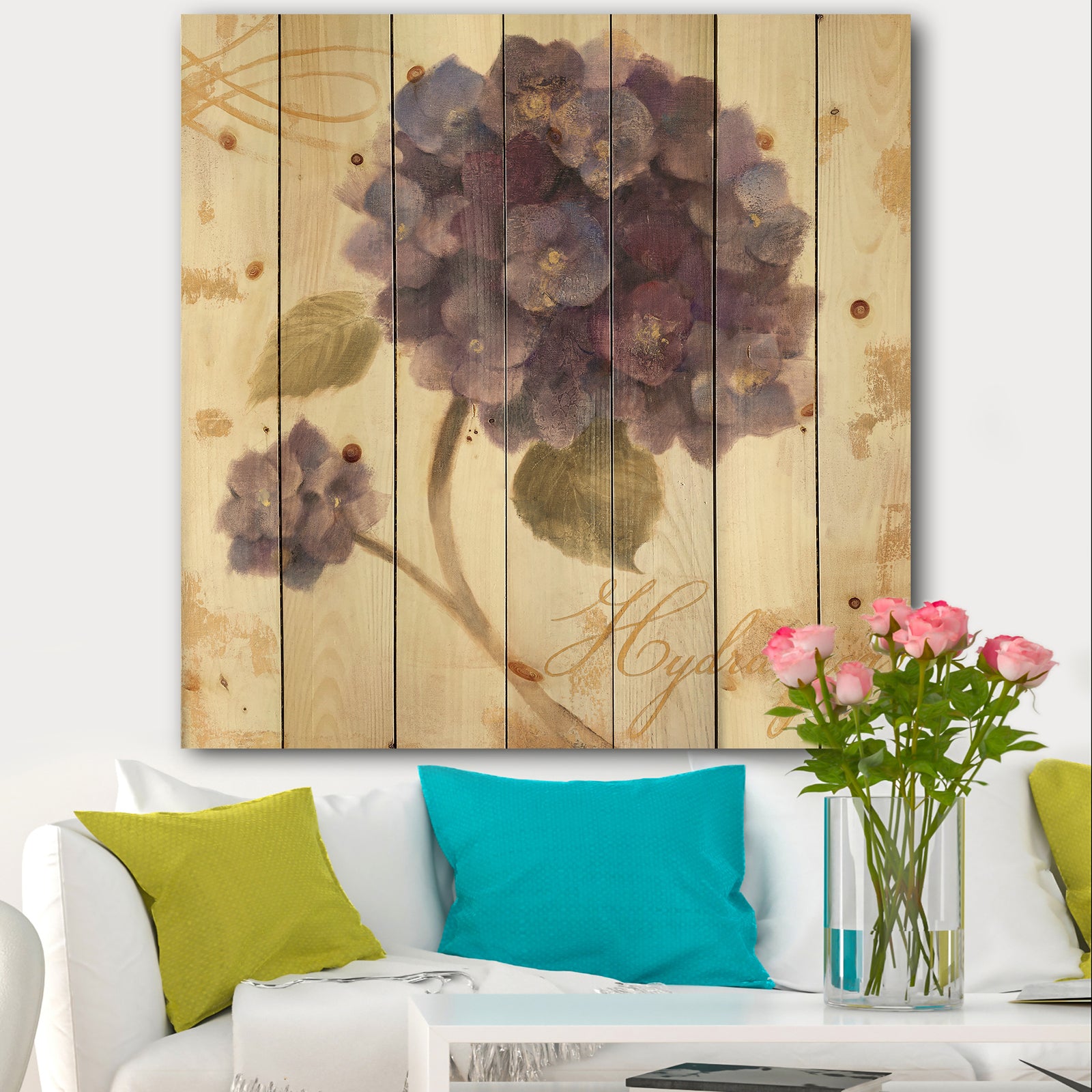 Abundant Hydrangea Flower II - Floral Cottage Print on Natural Pine Wood
