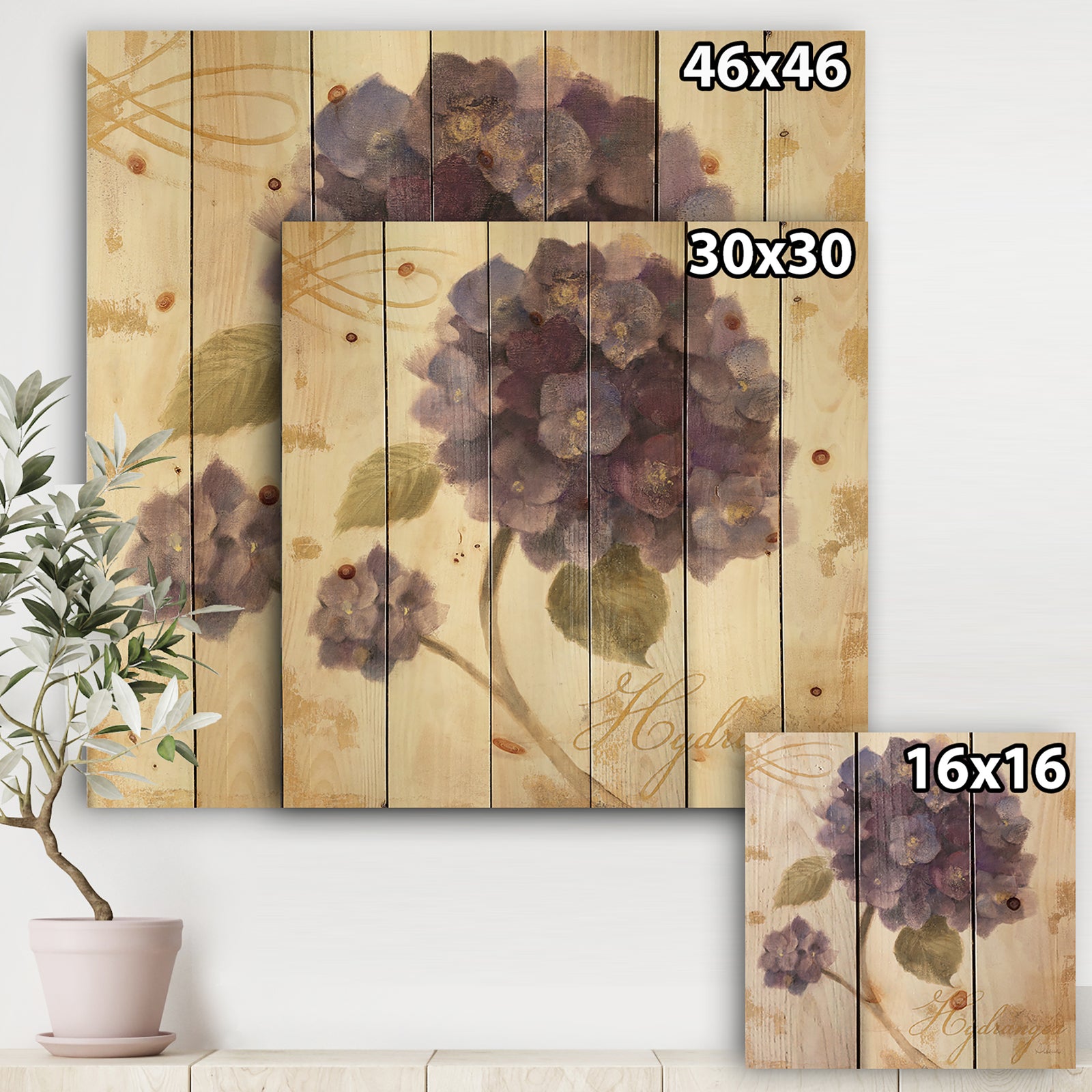 Abundant Hydrangea Flower II - Floral Cottage Print on Natural Pine Wood