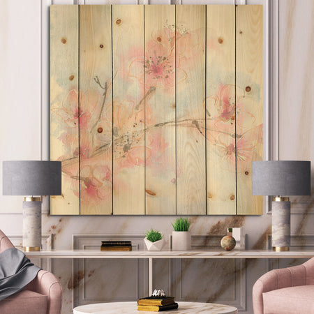 Pink Blossoms Branch - Floral Cottage Print on Natural Pine Wood