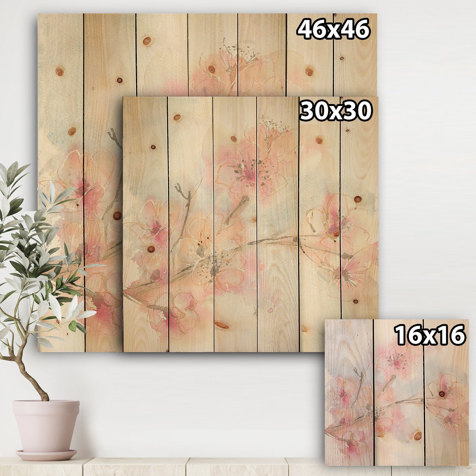 Pink Blossoms Branch - Floral Cottage Print on Natural Pine Wood