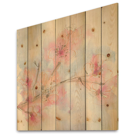 Pink Blossoms Branch - Floral Cottage Print on Natural Pine Wood