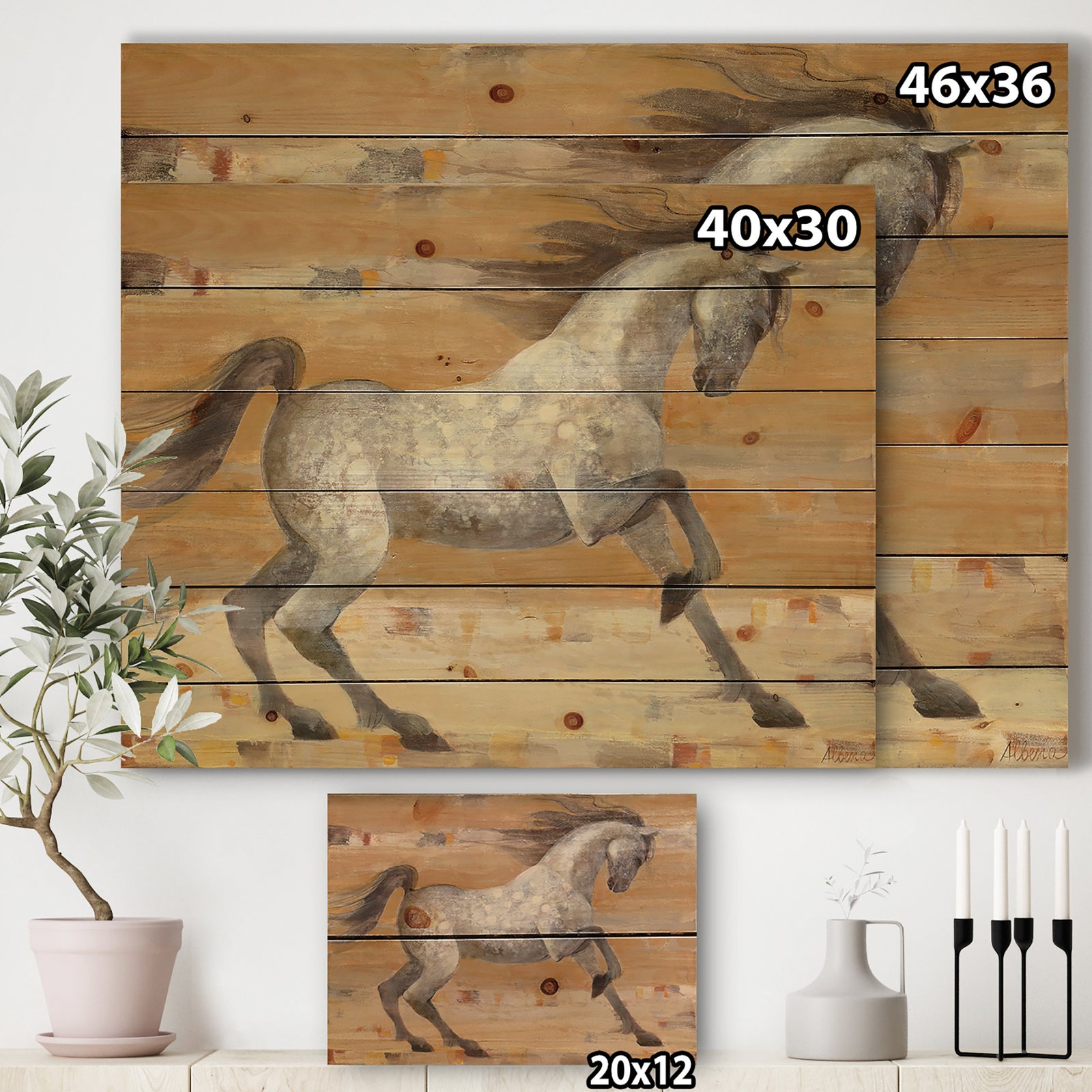 southwest Beige Horse - Modern Farmhouse Print on Natural Pine Wood