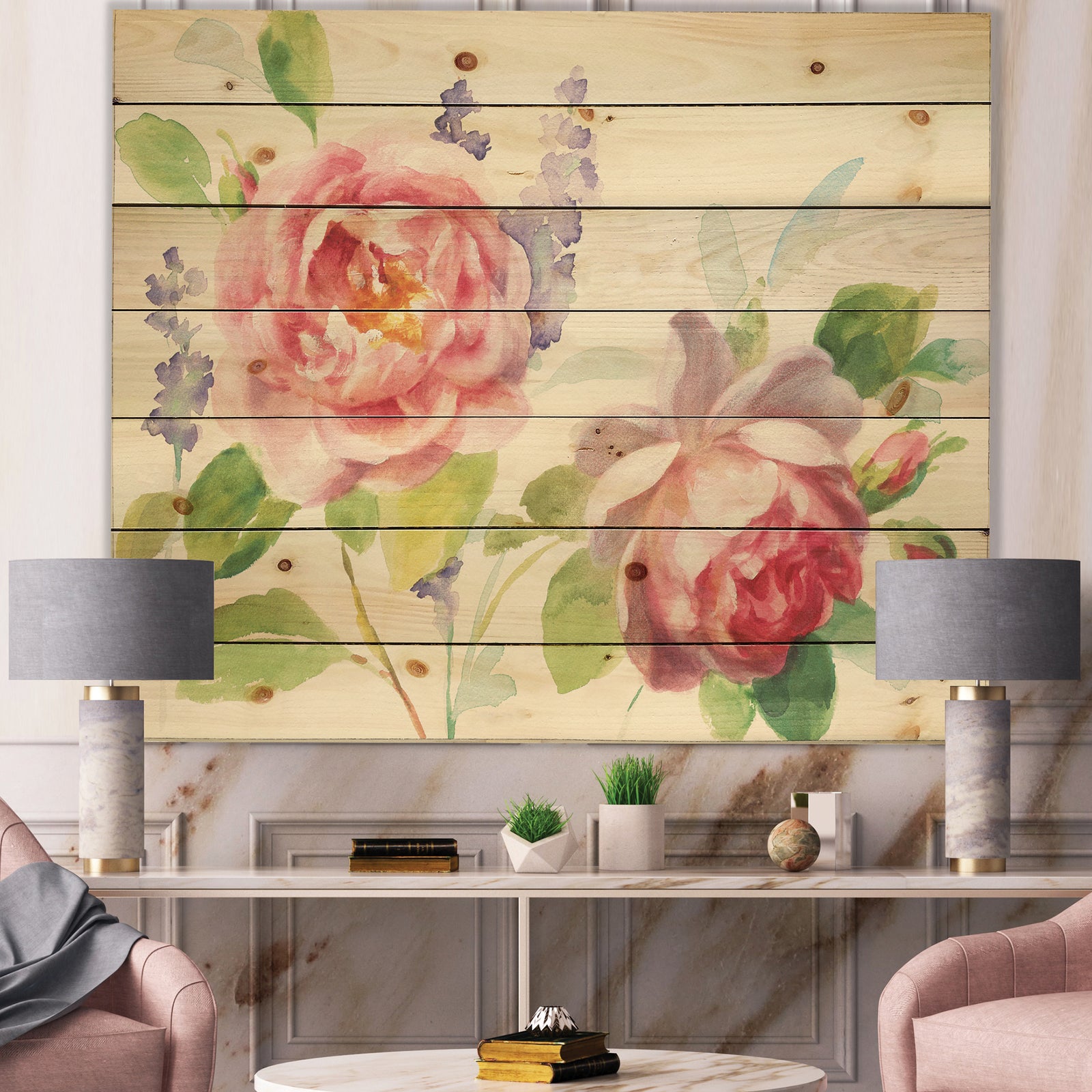 Watercolor Roses Bouqet - Shabby Chic Print on Natural Pine Wood