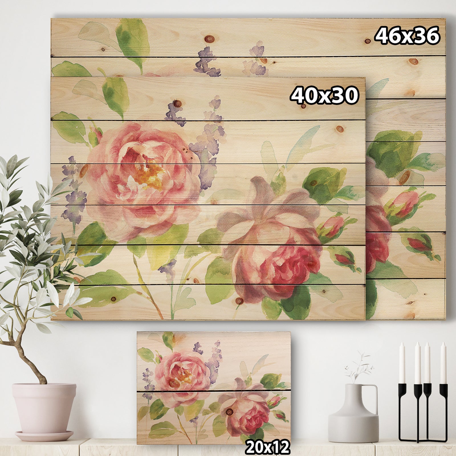 Watercolor Roses Bouqet - Shabby Chic Print on Natural Pine Wood