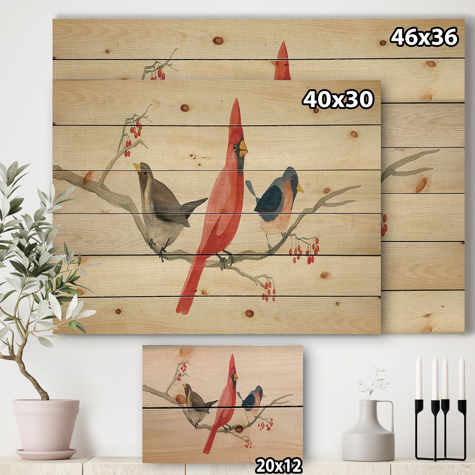 Red Farmhouse Bird on Branch Painting - Modern Farmhouse Print on Natural Pine Wood