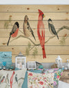 Chickadee And Red Farmhouse Bird on Branch - Modern Farmhouse Print on Natural Pine Wood