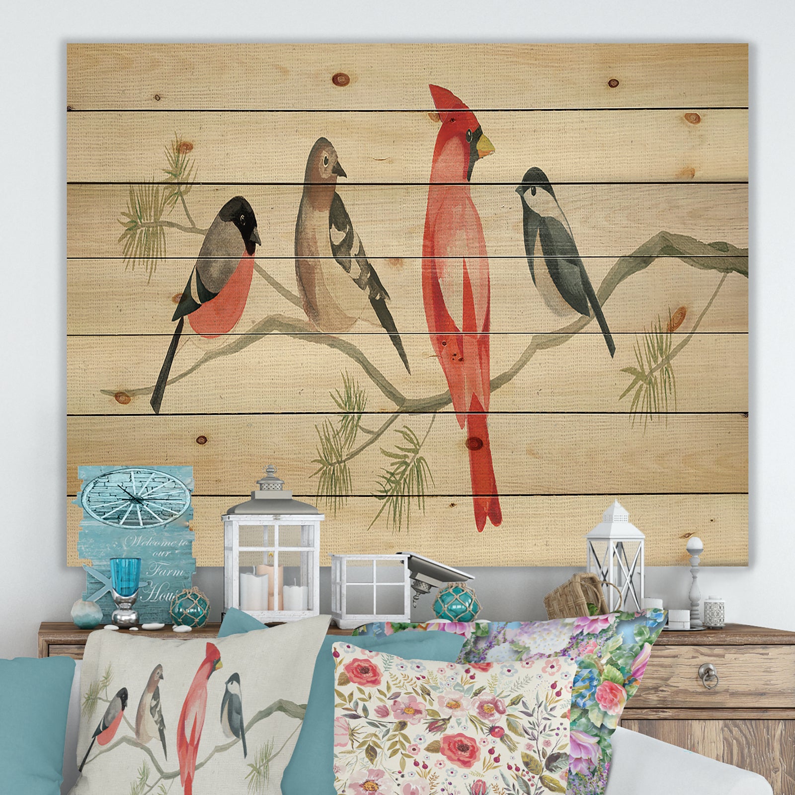 Chickadee And Red Farmhouse Bird on Branch - Modern Farmhouse Print on Natural Pine Wood