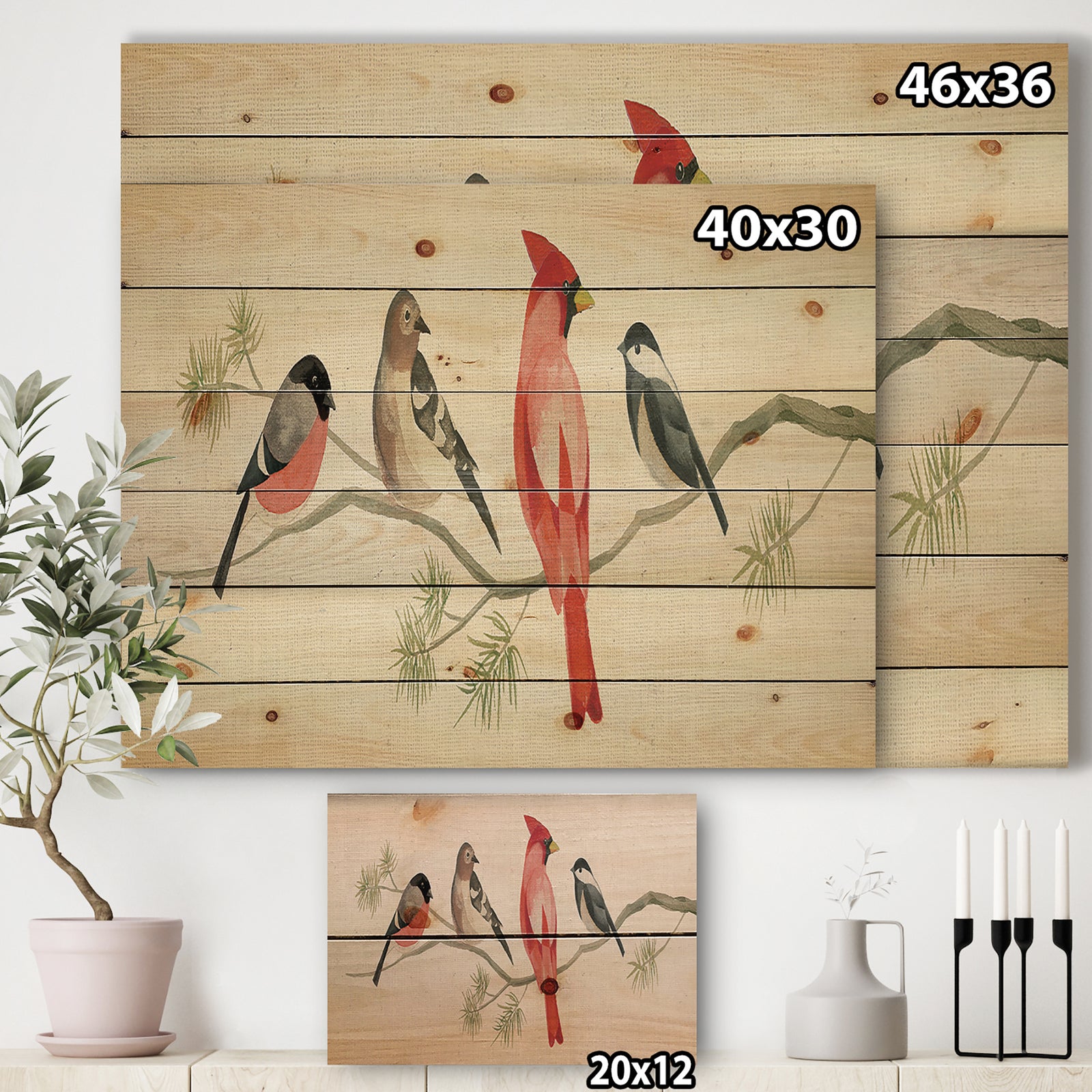 Chickadee And Red Farmhouse Bird on Branch - Modern Farmhouse Print on Natural Pine Wood