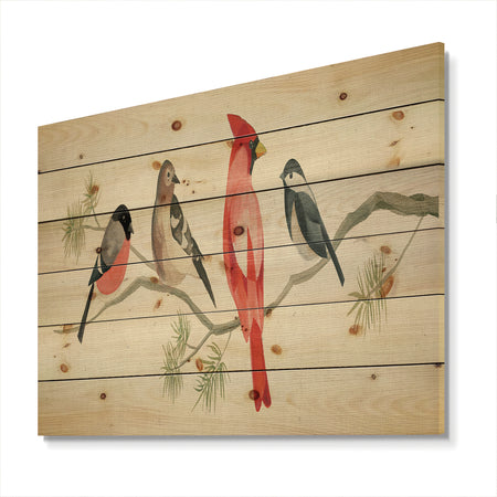 Chickadee And Red Farmhouse Bird on Branch - Modern Farmhouse Print on Natural Pine Wood