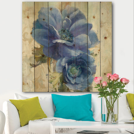 Blue Anemone Flower - Floral Farmhouse Print on Natural Pine Wood