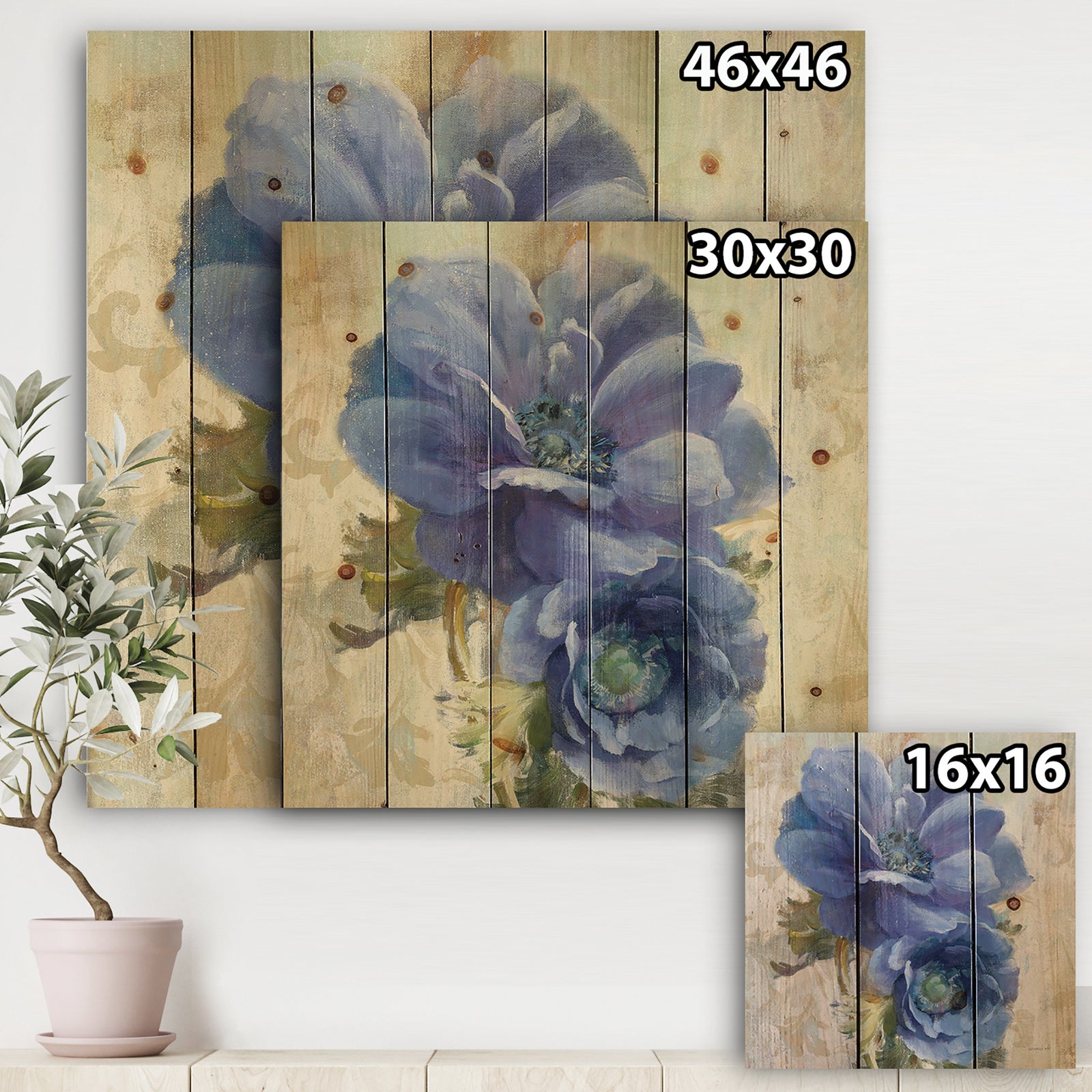 Blue Anemone Flower - Floral Farmhouse Print on Natural Pine Wood
