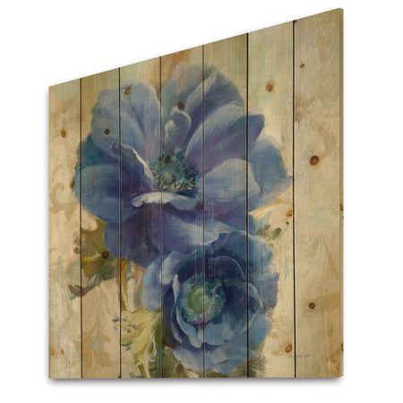 Blue Anemone Flower - Floral Farmhouse Print on Natural Pine Wood