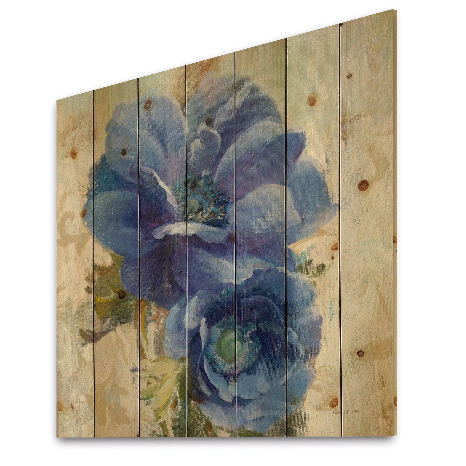 Blue Anemone Flower - Floral Farmhouse Print on Natural Pine Wood