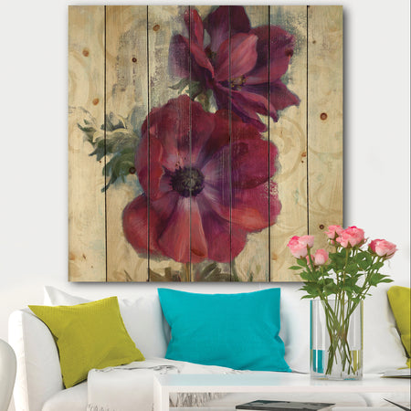 Red Anemone Flower - Floral Farmhouse Print on Natural Pine Wood