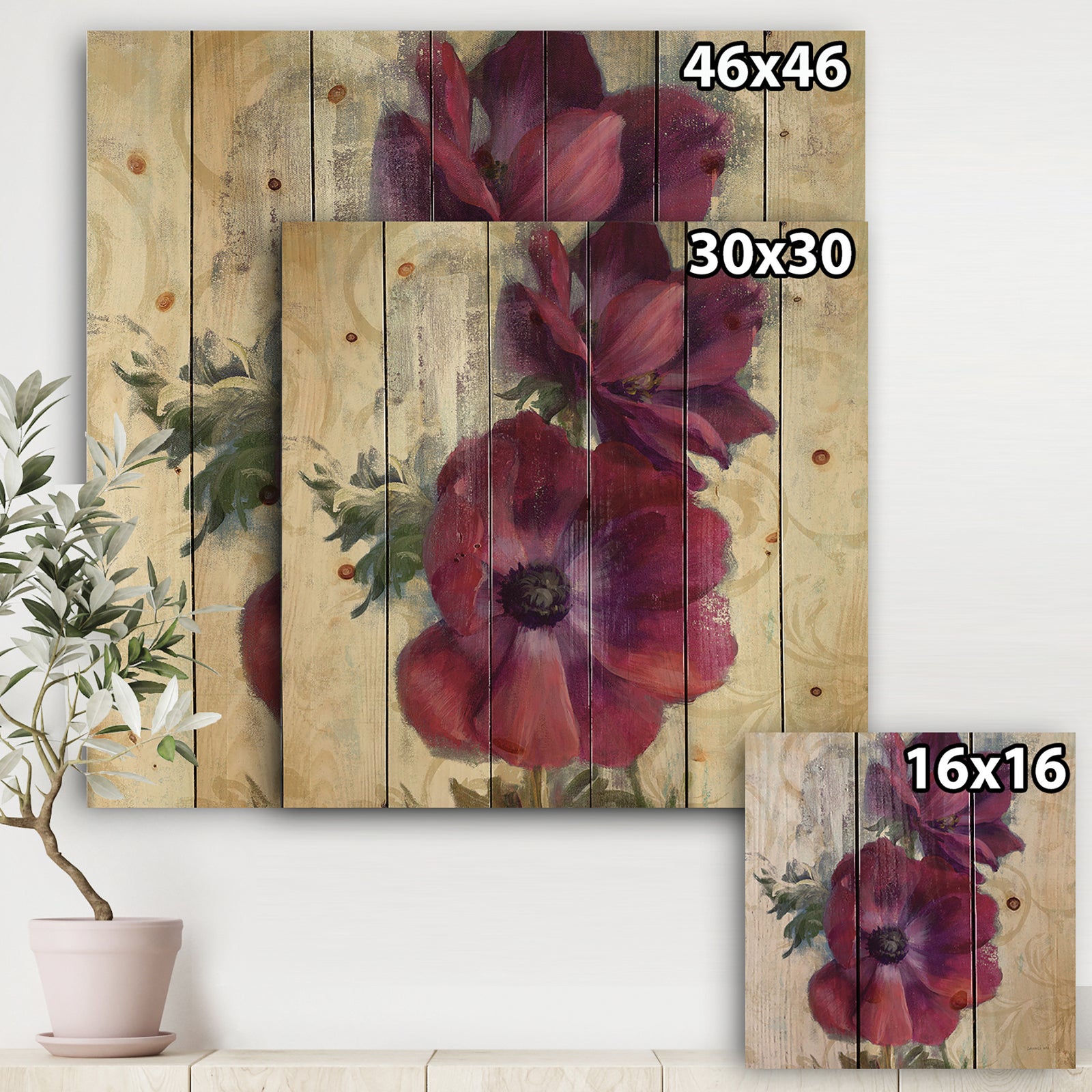 Red Anemone Flower - Floral Farmhouse Print on Natural Pine Wood