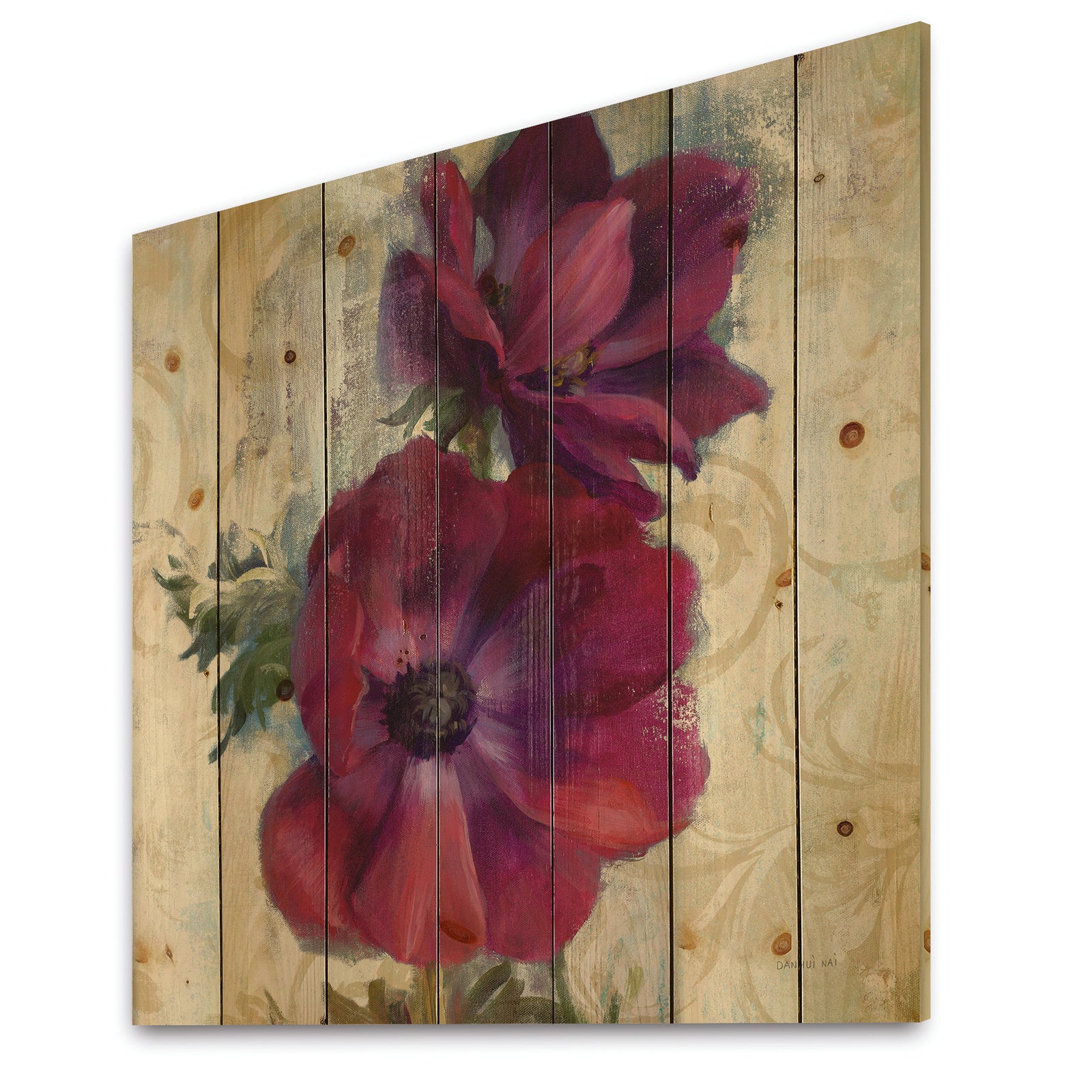 Red Anemone Flower - Floral Farmhouse Print on Natural Pine Wood