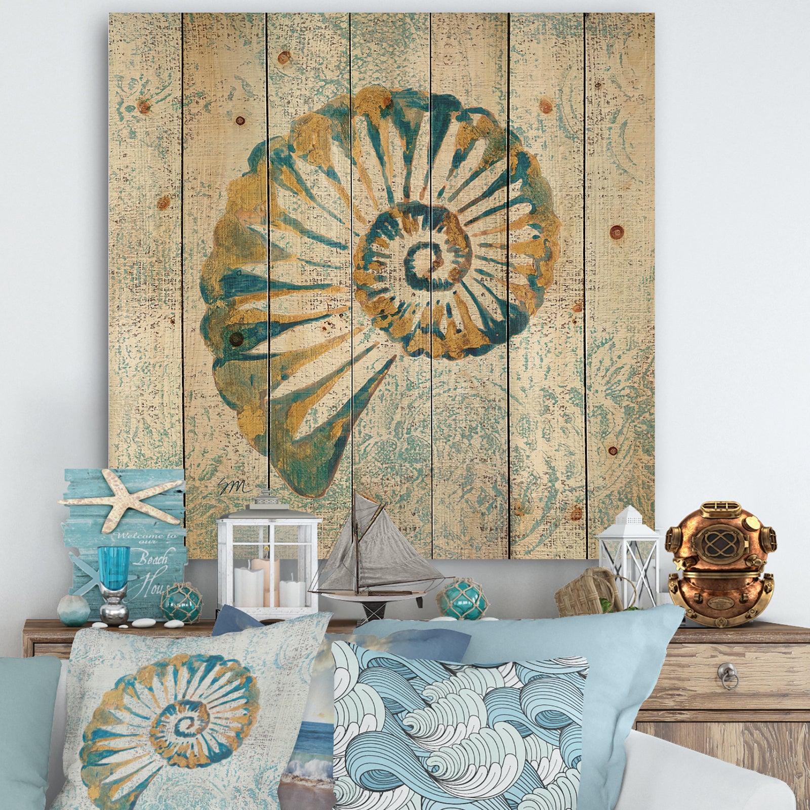 Spiral Shell - Nautical & Coastal Print on Natural Pine Wood