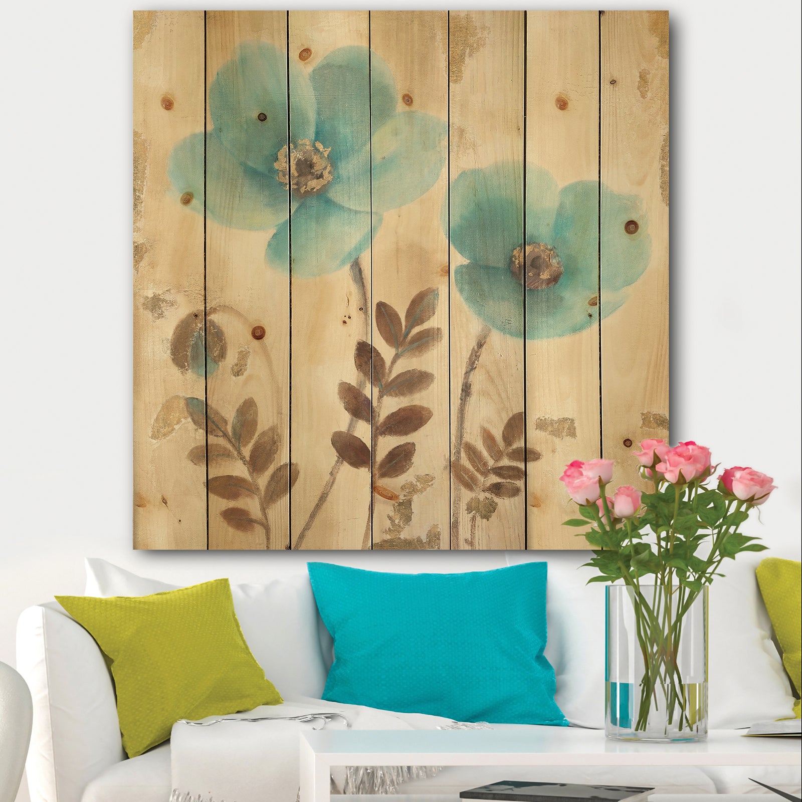 Blue Poppies Cottage Flowers I - Farmhouse Print on Natural Pine Wood