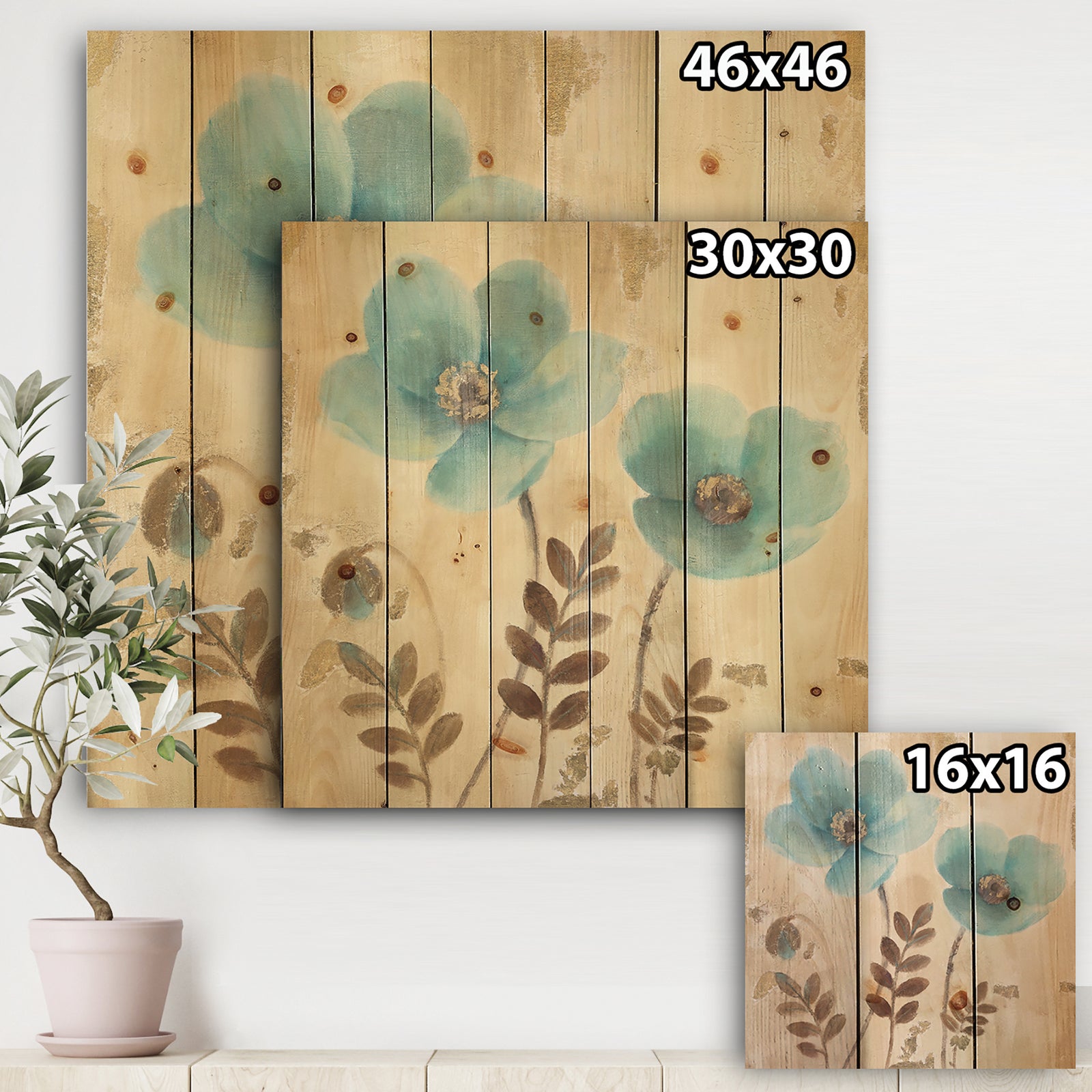 Blue Poppies Cottage Flowers I - Farmhouse Print on Natural Pine Wood