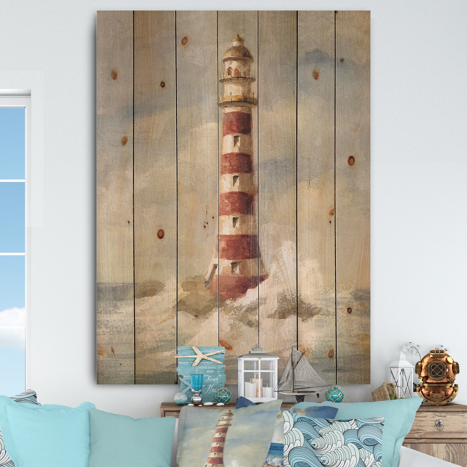 Ocean Lighthouse - Nautical & Coastal Print on Natural Pine Wood