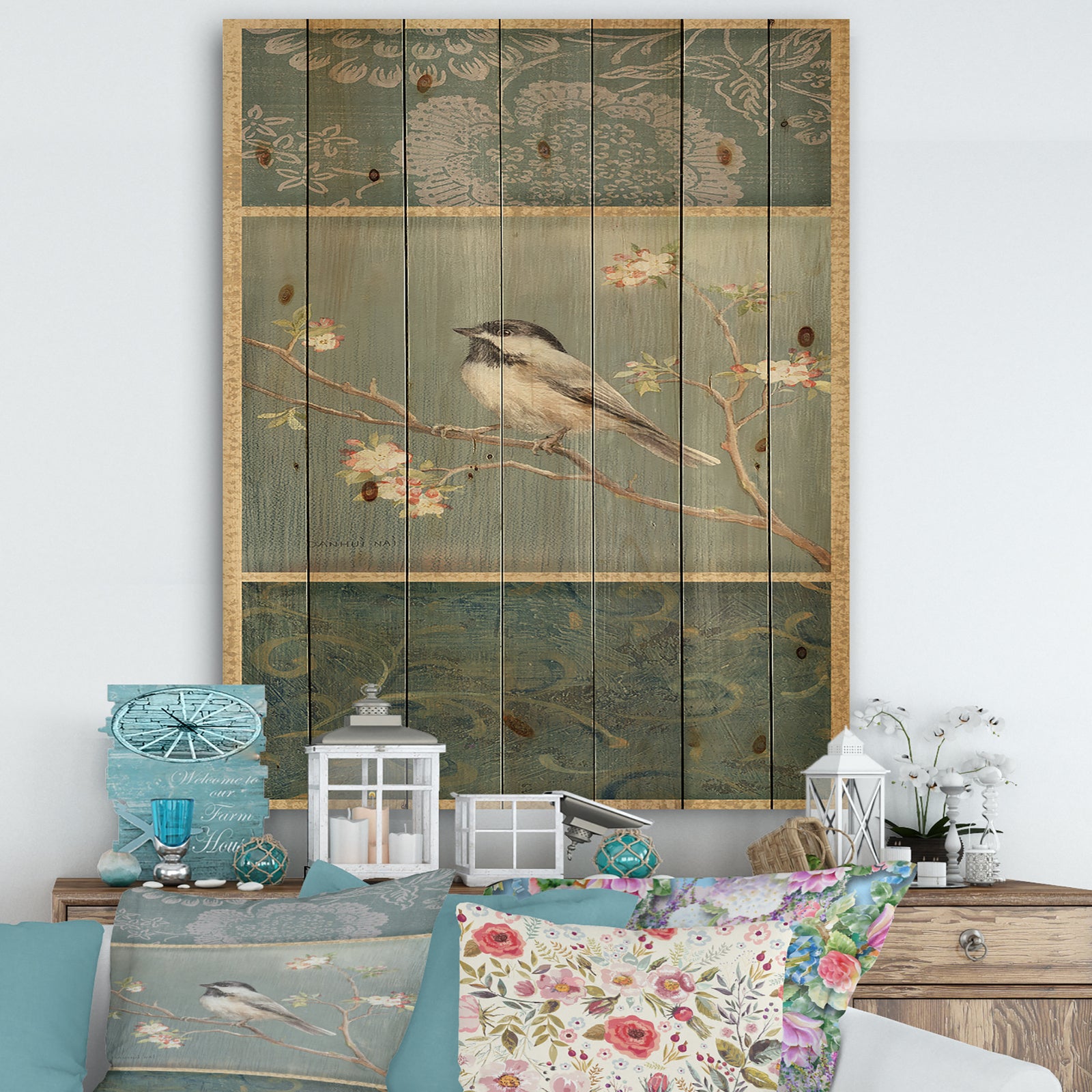 Farmhouse Triptych of Blue Ornaments And Chickadee - Farmhouse Print on Natural Pine Wood