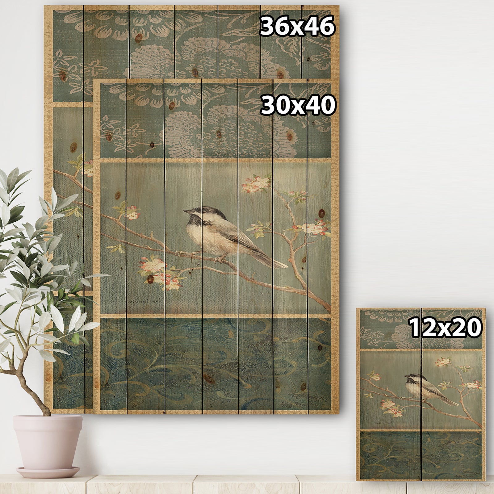 Farmhouse Triptych of Blue Ornaments And Chickadee - Farmhouse Print on Natural Pine Wood