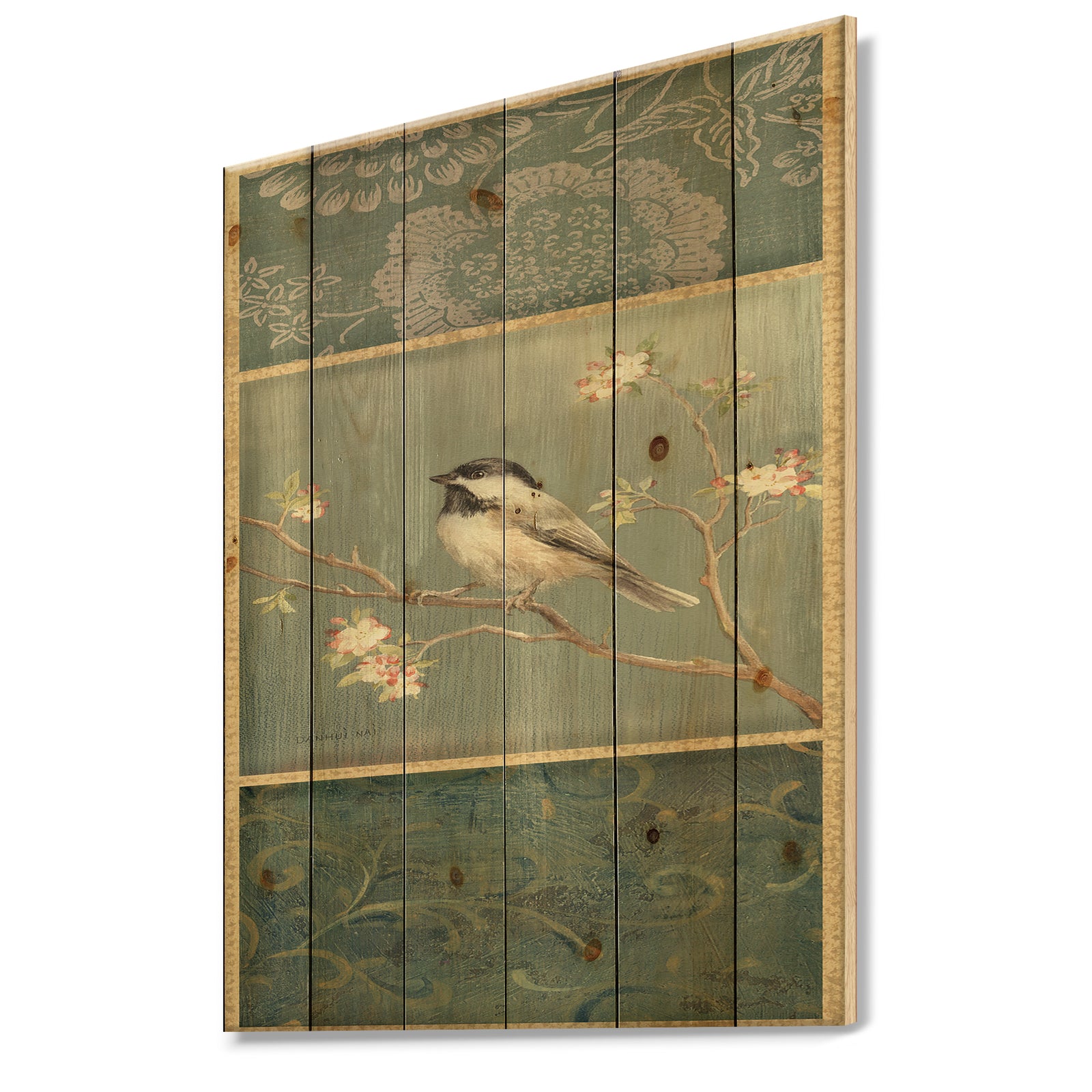 Farmhouse Triptych of Blue Ornaments And Chickadee - Farmhouse Print on Natural Pine Wood
