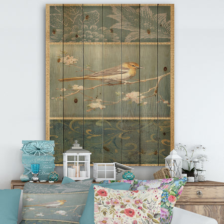 Farmhouse Triptych of Blue Ornaments And Oriole - Farmhouse Print on Natural Pine Wood