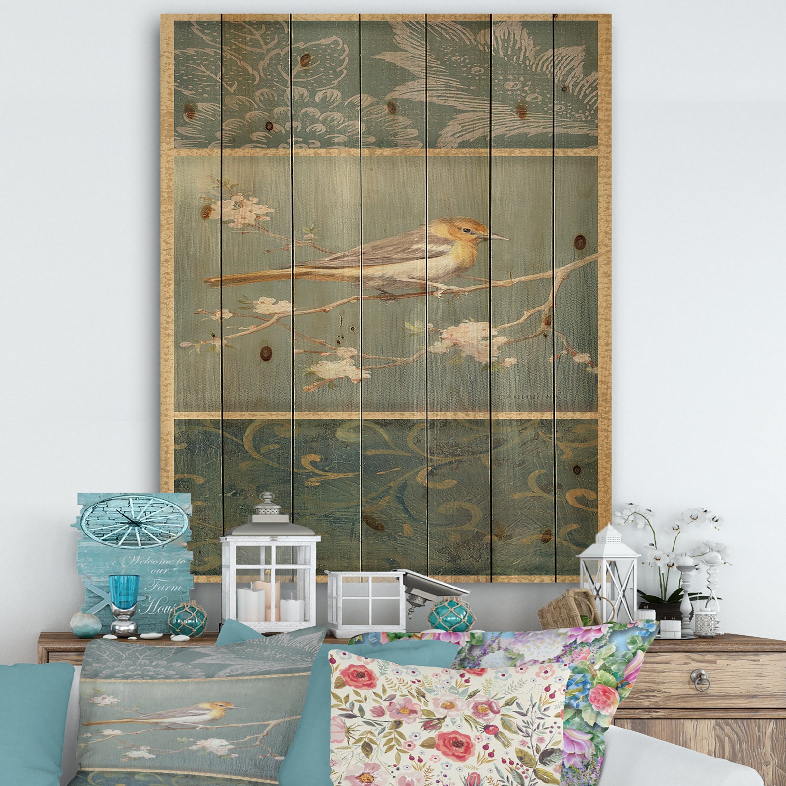Farmhouse Triptych of Blue Ornaments And Oriole - Farmhouse Print on Natural Pine Wood