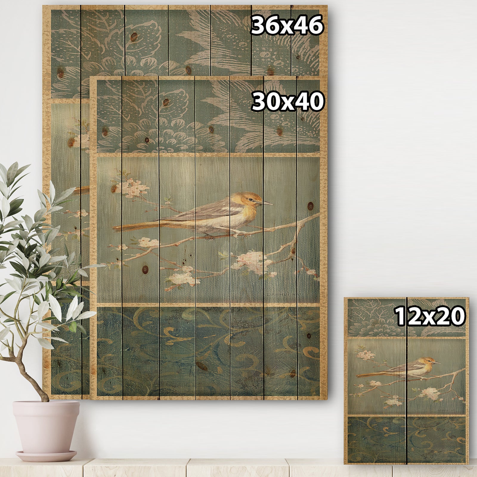 Farmhouse Triptych of Blue Ornaments And Oriole - Farmhouse Print on Natural Pine Wood