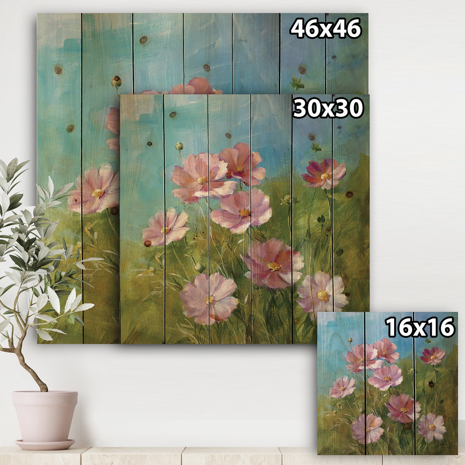 Red Wildflowers on A Green Meadow - Traditional Print on Natural Pine Wood
