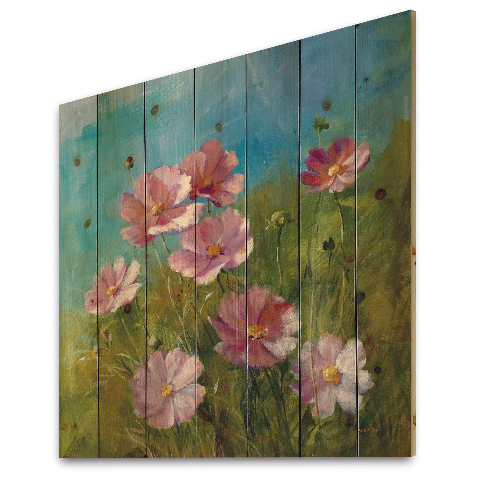Red Wildflowers on A Green Meadow - Traditional Print on Natural Pine Wood