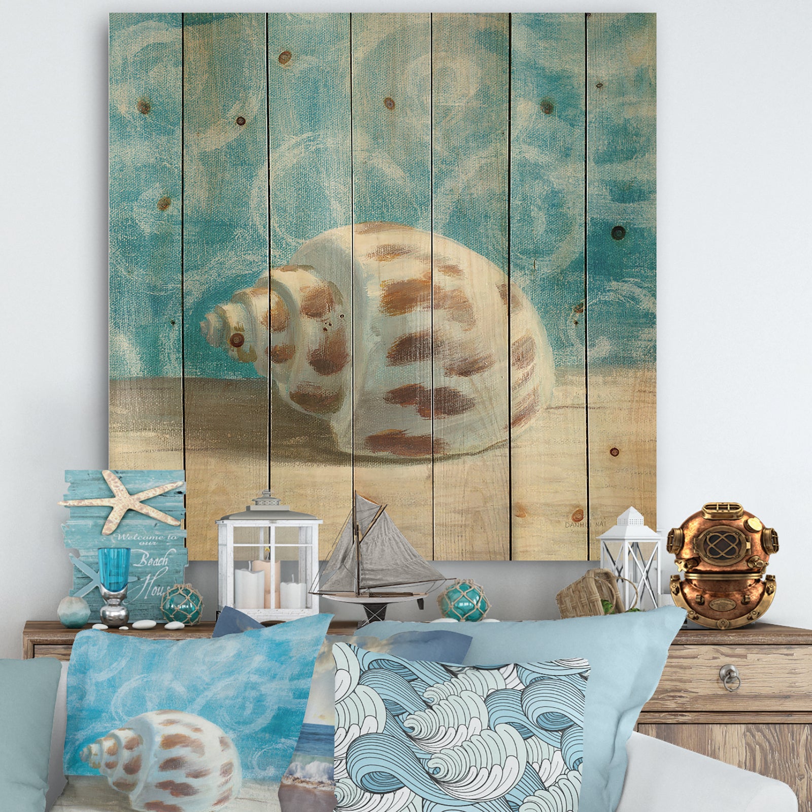 Composition from the Sea III - Nautical & Coastal Print on Natural Pine Wood