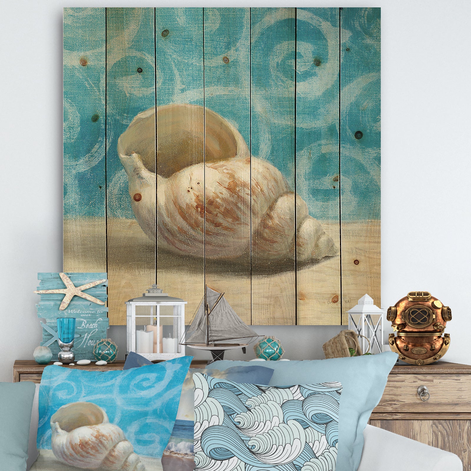 Composition from the Sea IV - Nautical & Coastal Print on Natural Pine Wood