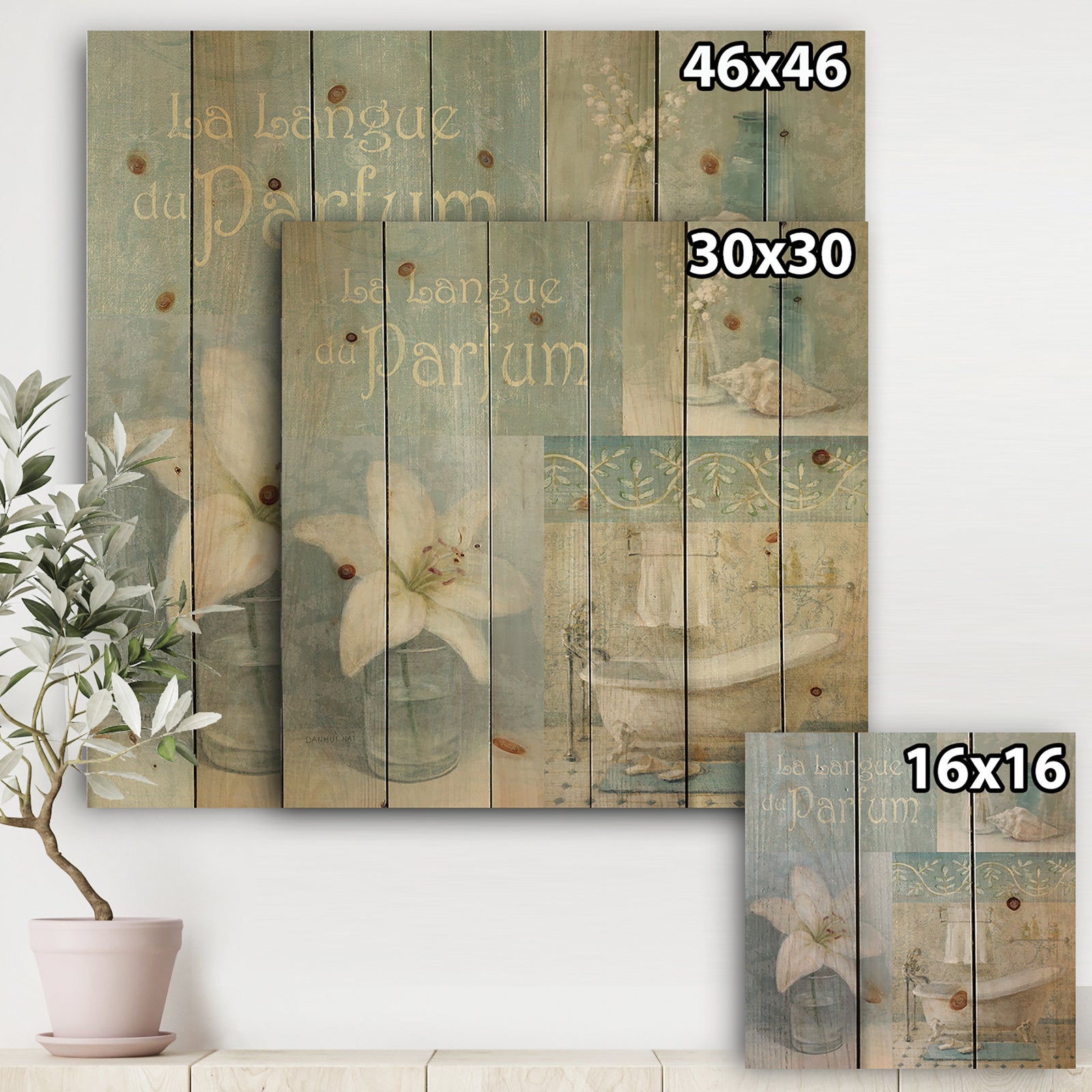 Bathroom Lily Parfum Bath Story - Traditional Print on Natural Pine Wood